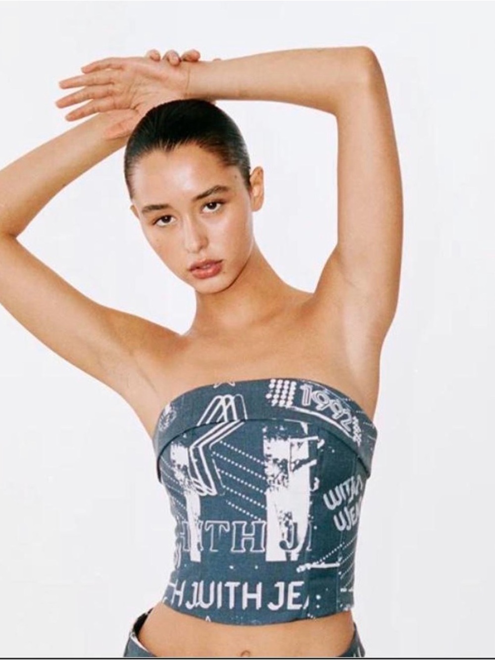With Jéan Graphic Corset Top M Black White Y2K Bustier Boned Streetwear